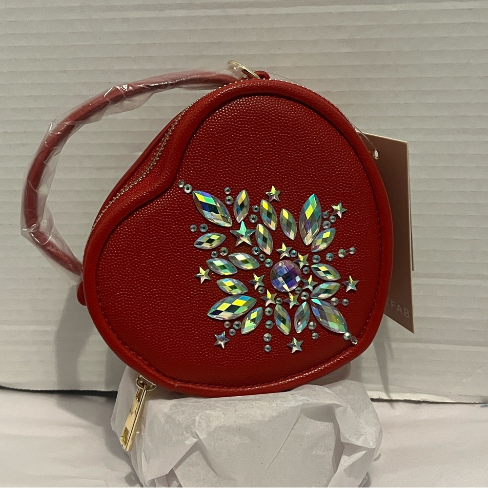 Red Heart-Shaped Bag with Crystal Embellishments Hand Crafted - Picture 3 of 8